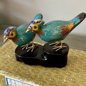 Vintage Pair Cloisonné Enameled Pheasant Birds on Wood Stand